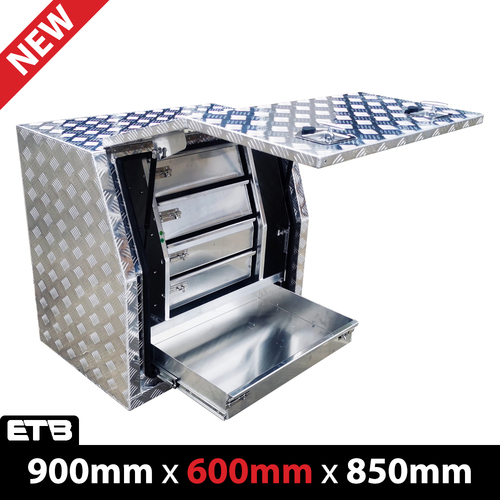 900x600x850mm Checker Plate Full Door Aluminium Toolbox With Drawers - ezToolbox Aluminium Ute Trays, Aluminium Canopies and Alloy Toolboxes