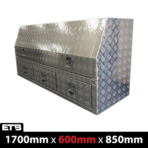 1800x600x850mm Checker Plate Half Open with 3 Drawers Toolbox - ezToolbox Aluminium Ute Trays, Aluminium Canopies and Alloy Toolboxes